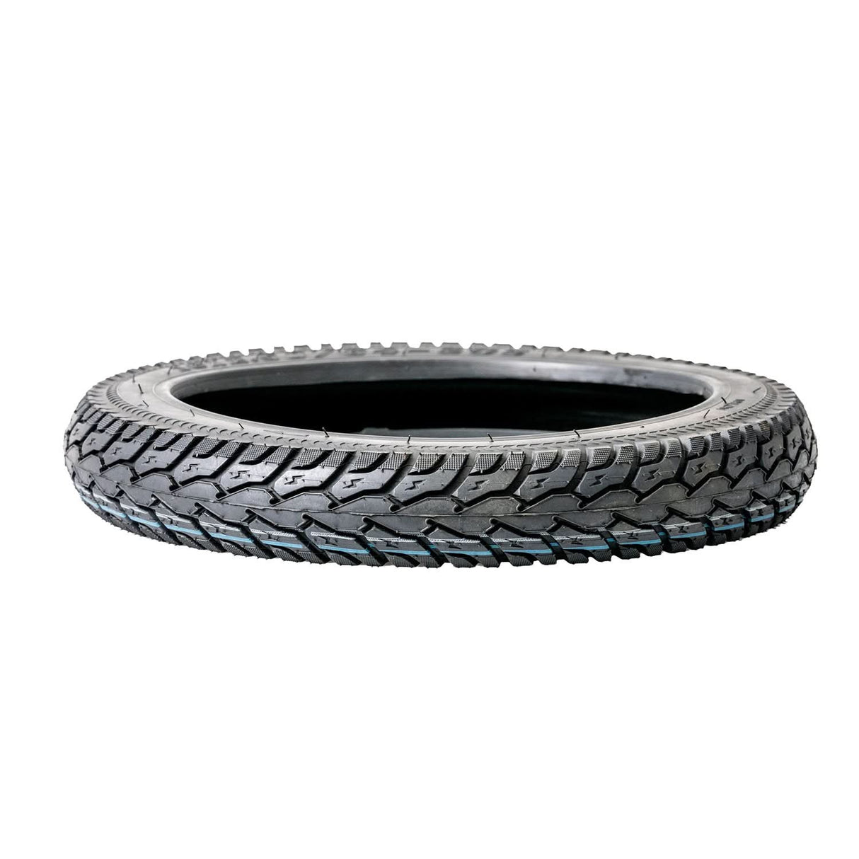16x2.50 Tire for Bikes & Scooters, featuring a close-up of the all-season tread pattern for excellent traction and water displacement, suitable for both front and rear rims.