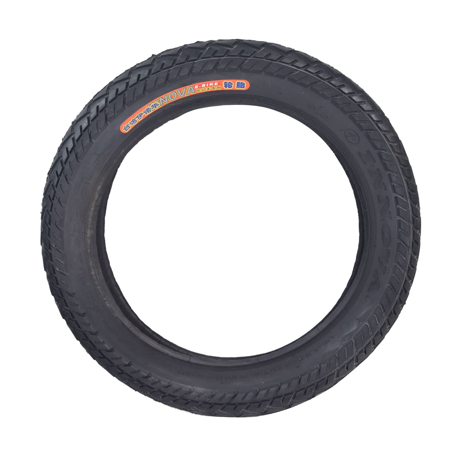 16x2.50 (64-305) Tire with HJ308 Tread for Scooters & Jogging Strollers, close-up of black tire with directional tread pattern and visible red and white label on the sidewall.