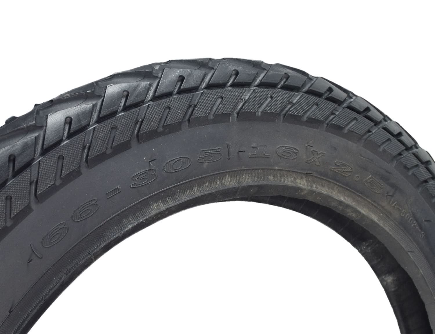 Close-up of a 16x2.50 (64-305) Tire with HJ308 Tread for Scooters & Jogging Strollers, highlighting the directional tread pattern and sidewall arrows indicating rotation direction.