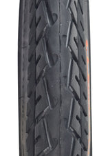 Close-up of a 16x2.50 (64-305) tire with HJ308 directional tread, ideal for scooters and jogging strollers, showing detailed synthetic rubber tread pattern and arrows indicating rotational direction.