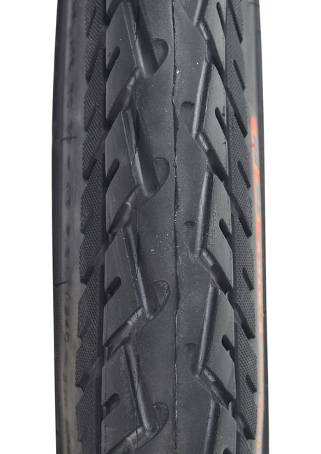 Close-up of a 16x2.50 (64-305) tire with HJ308 directional tread, ideal for scooters and jogging strollers, showing detailed synthetic rubber tread pattern and arrows indicating rotational direction.