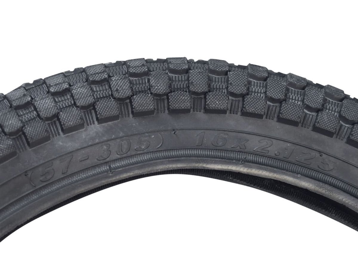 Close-up of a 16x2.50 (64-305) pneumatic tire for scooters & jogging strollers with HJ308 tread pattern, highlighting directional arrows on the sidewall for proper mounting.