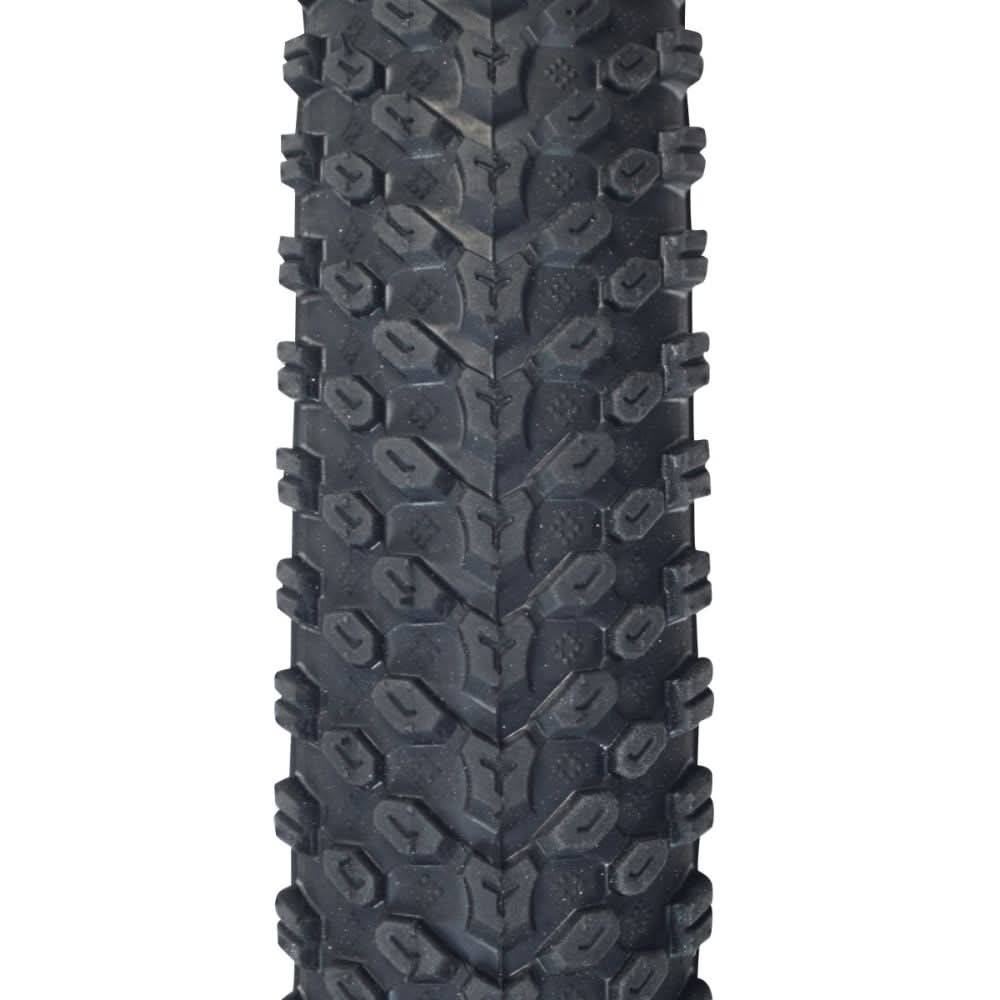 Close-up of the 14x2.125 (57-254) Pneumatic Tire for Electric Bikes, showcasing its knobby tread designed for optimal performance on both soft ground and hard concrete.