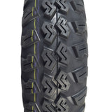 Close-up of the 22x7-10 front tire for the Massimo Buck 250 UTV, showcasing its aggressive knobby tread designed for maximum traction on tough terrains.