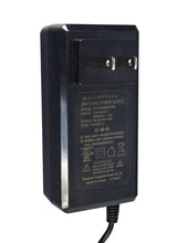 24 Volt 1.5 Amp 2.1 mm ID Coaxial Wall Charger, black with visible connectors, close-up of LED indicators, and label, designed for electric scooters.
