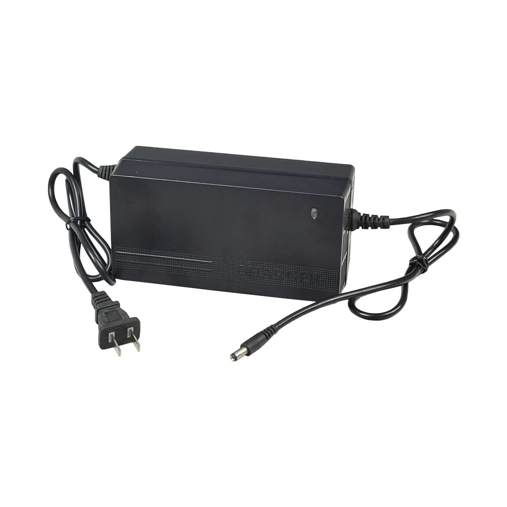 24 Volt 1.5 Amp 2.1 mm ID Coaxial Battery Charger for Hyper Electric Go-Karts & Motorcycles, black rectangular charger with attached power cord and plug.
