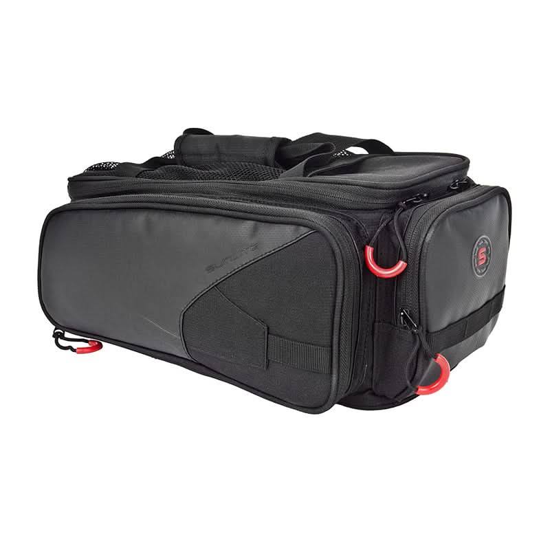 RackPack with Pannier by Sunlite, a black bag with red handles, featuring a large main compartment, internal mesh pockets, rear accessory compartment, and a mesh top pocket, with a convenient shoulder strap.
