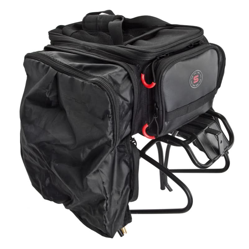 RackPack with Pannier by Sunlite, a black bag displayed on a stand, showcasing its large main compartment, mesh pockets, and rear accessory compartment, with visible Velcro straps for mounting.