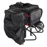 RackPack with Pannier by Sunlite, a black bag displayed on a stand, showcasing its large main compartment, mesh pockets, and rear accessory compartment, with visible Velcro straps for mounting.