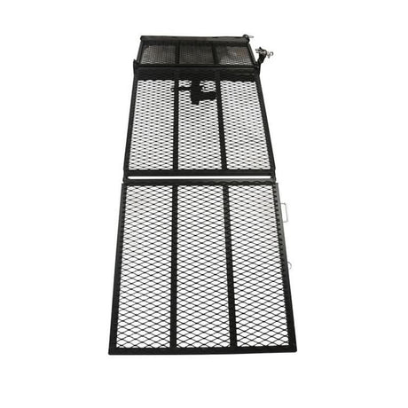Safety Ramp for Mobility Scooters, featuring a black metal gate with a lock, close-up of a sturdy, foldable grill design for secure ramp positioning.