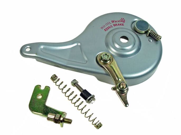 Close-up of the Razor MX500/MX650 Rear Band Brake Assembly with Rotor & Spring - 90mm (Silver) showcasing riveted band brake and 3-1/2 rotor.