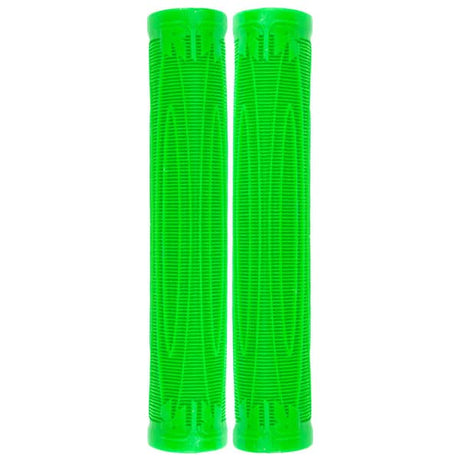 Raptor Cory Vanlew Grips for Bikes & Scooters, featuring raised horizontal lines for enhanced grip, shown in a pair of green handlebars.