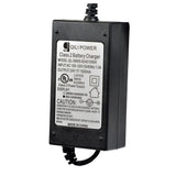 24 Volt 1.0 Amp 3-Prong Battery Charger for the Razor E150, featuring a black casing with white text and a close-up view of its connecting cable.