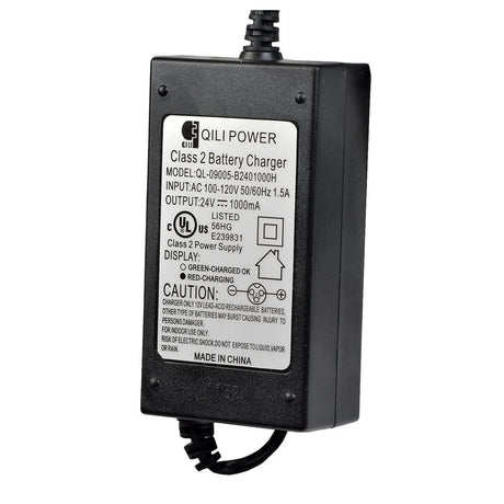 24 Volt 1.0 Amp 3-Prong Battery Charger for the Razor E150, featuring a black casing with white text and a close-up view of its connecting cable.