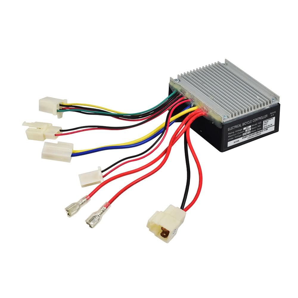 Razor E300 (Versions 11 & 13-19) ZK2430HB-FS Control Module with 5-Wire Throttle Connector, showing a close-up of the black electronic device with colorful wires and plugs.