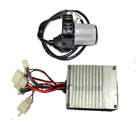 Close-up of 5-Wire Throttle and Control Module Kit for Razor MX500 & MX650, showing black and silver device, motor, and several wires essential for the upgrade.