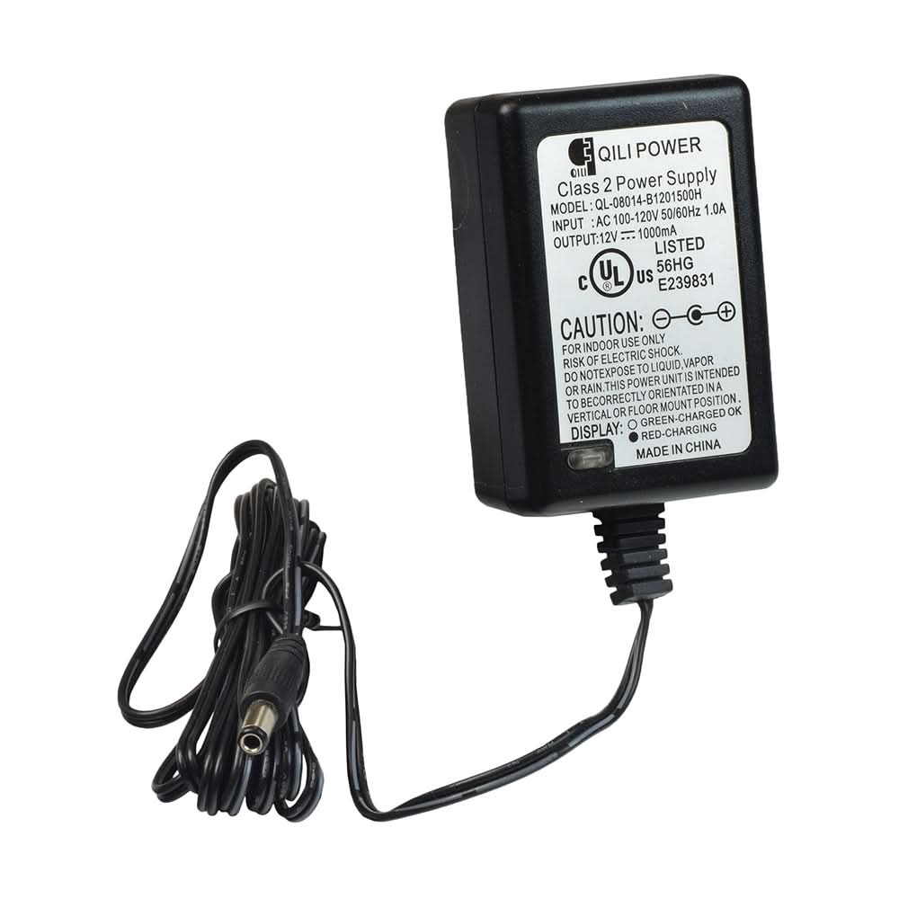 12 Volt 1000 mAmp (1.0 Amp) 2.5mm ID Coaxial Battery Charger for the Razor ePunk & XLR8R, featuring a black power supply with an attached cord and a multi-color LED indicator.