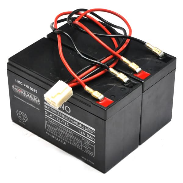 Razor High Capacity 24 Volt 9 Ah Battery Pack with Single 4-Pin Connector, featuring attached red and black wires for Pocket Rocket, Ground Force Go Kart, Ground Force Drifter, and Chopper scooters.