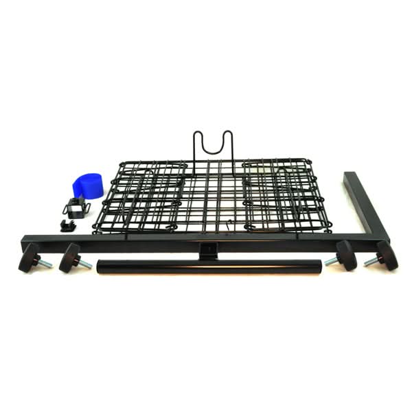Rear Basket Assembly for Drive Scooters, featuring a black metal grid with mounting hardware, including blue tape and screws, designed for easy installation on various Drive Medical mobility scooter models.