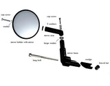 Bar End Rear View Mirror for Bikes & Scooters, shown in a diagram with mounting screws and a white circle with a black border, illustrating its assembly and compatibility features.