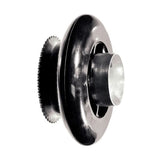 Rear Wheel Assembly for Avigo and Pulse Electric Scooters, featuring a black metal construction with a round center, sprocket, axle, and drum for band brake compatibility.