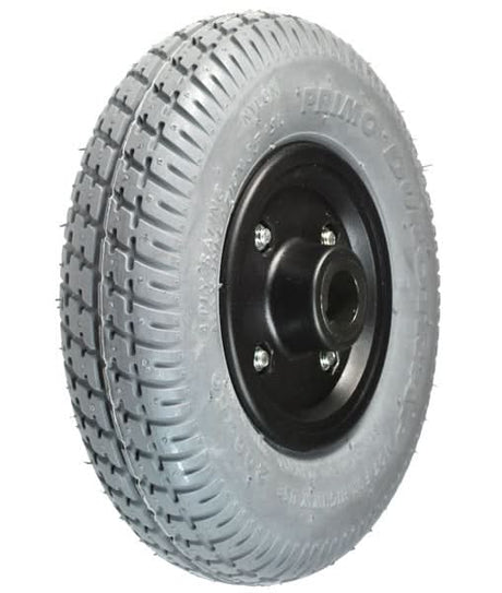 8x2 (200x50) Gray Flat-Free Rear Wheel Assembly with Black Rim for the Pride Dash (SC41) Mobility Scooter, showcasing a close-up view of the black-rimmed wheel and knobby tire with included hardware.