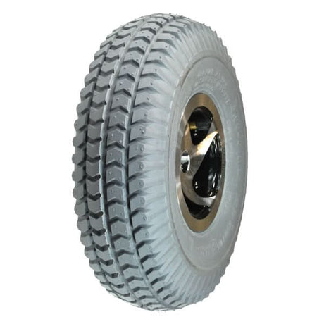 Close-up of a 3.00-4 (10x3, 260x85) pneumatic rear wheel assembly for the Rascal 235, 245, 305, and 600 series electric mobility scooters, showcasing the tread and rim details.