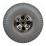 3.00-4 (10x3, 260x85) Pneumatic Rear Wheel Assembly for PaceSaver Espree and Passport Mobility Scooters, featuring a silver rim, inner tube, and a Primo Powertrax tire with unique clevis and cotter pin arrangement.