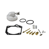 Carburetor Repair Kit for 50cc 2-Stroke 1E40QMB Minarelli Carburetors: close-up of mechanical parts including a white circular object with metal piece, black gasket with holes, and black rubber rings.