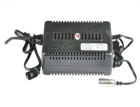 24 Volt 4.0 Amp XLR Battery Charger, a premium quality black power supply with attached wires, designed for electric scooters with sealed lead acid batteries, featuring an automatic shutoff function.