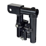 Elevating Leg Rest Knee Pivot Assembly for Jazzy Power Chairs, a black metal component with screws, designed to fit Pride's Universal Friction Lock Seat Frame, available for both right and left sides.