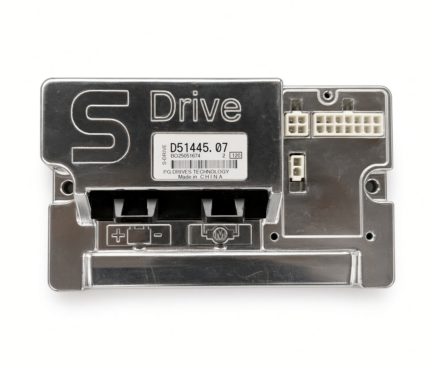 Top view of PG Drives S-Drive MKII 120A controller D51445.07 showing battery, motor and wiring harness connectors
