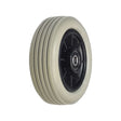 Front Caster Wheel Assembly for Shoprider Power Chairs, featuring a close-up view of the wheel with a black rubber rim and metal components, designed for Streamer models from 2006 onwards.