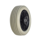 Front Caster Wheel Assembly for Shoprider Power Chairs, featuring a close-up view of the wheel with a black rubber rim and metal components, designed for Streamer models from 2006 onwards.