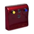 Red Rear Tiller Cover for the Shoprider Sunrunner 3, Sunrunner 4, & Sprinter XL4, featuring yellow and blue buttons on its surface, designed to rejuvenate the scooter's rear tiller.