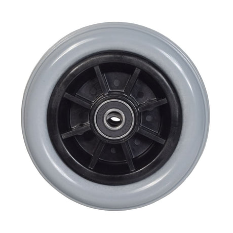 6x2 Dark Gray Caster Wheel for Shoprider Power Chairs, featuring a black rim and solid tire, close-up view.