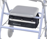 AlveyTech Universal Under-Seat Tote Bag for Rollators attached to a blue rollator frame, showcasing durable black fabric and robust side walls, designed for various rollator brands.