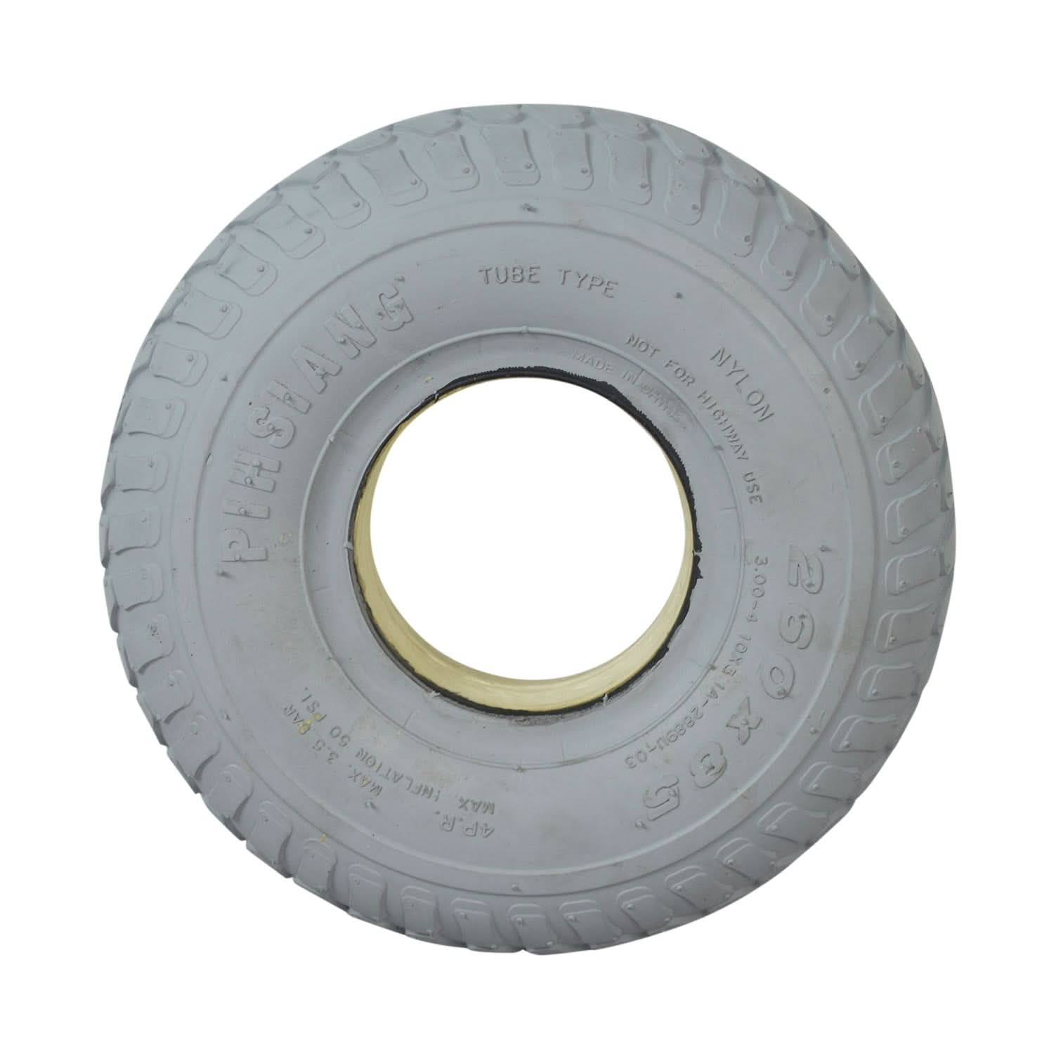 3.00-4 (10x3, 260X85) Foam-Filled Tire with IA-2889U Tread Pattern for Shoprider Scooters, showcasing a white tire with a hole in the middle, designed for flat-free mobility.