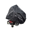Heavy Duty Weatherproof Cover for Power Chairs: a close-up image of a black cover securely fitted over an electric wheelchair, showcasing its protective and durable material.