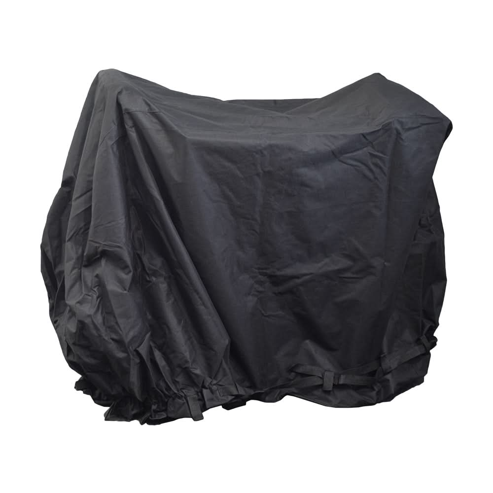 Heavy Duty Weatherproof Cover for Mobility Scooters, shown in black fabric, designed to protect against dust, rain, and snow. Suitable for various scooter sizes, it includes a carrying bag for convenience.