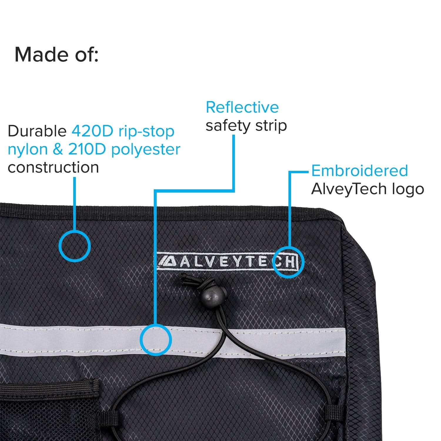 Close-up of the Super Deluxe Universal Walker & Rollator Bag, featuring multiple pockets and a bungee cord net, attached to a walker with hook & loop straps.