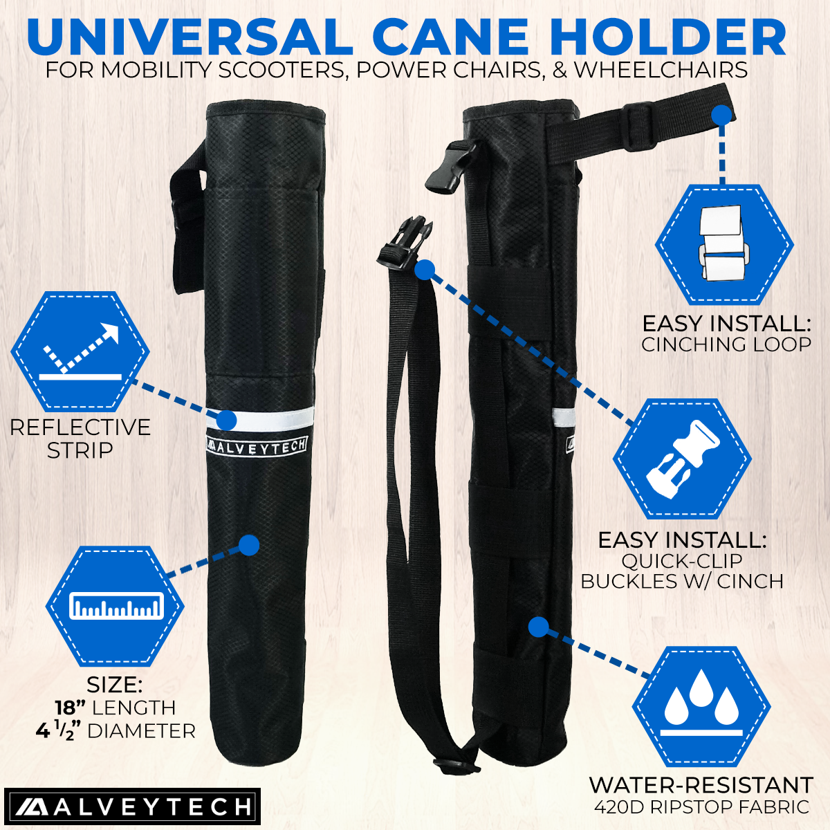 Cane Holder for Golden Scooters & Power Chairs: A black bag with straps, designed to attach securely to the backrest, providing a convenient carrying solution for canes up to 2-3/4 in diameter.