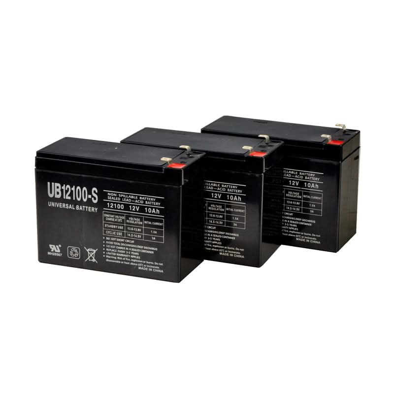Schwinn Battery Pack - Set of 3 12 Volt 10 Ah Scooter Batteries (Premium). Close-up of three black batteries with white text, arranged together, showcasing their sealed, maintenance-free design and safety features.