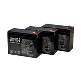 Schwinn Battery Pack - Set of 3 12 Volt 10 Ah Scooter Batteries (Premium). Close-up of three black batteries with white text, arranged together, showcasing their sealed, maintenance-free design and safety features.