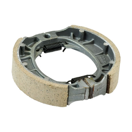 Scooter Brake Shoe Set - 4 Diameter, Front/Rear. Close-up of metal brake shoes with springs, suitable for gas street scooters with front or rear drum brakes, including 50cc, 125cc, and 150cc GY6 engine models.
