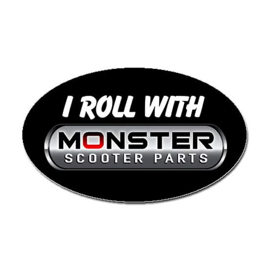 I Roll with Monster Scooter Parts Sticker, featuring a black oval with white text and a grey and black old-style logo, measuring 5 x 3.