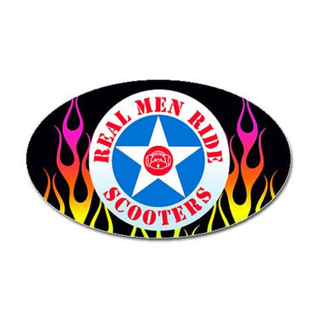 Real Men Ride Scooters sticker featuring an oval shape with flames and a central monkey logo. Measures 5x3. Exclusively from Monster Scooter Parts.
