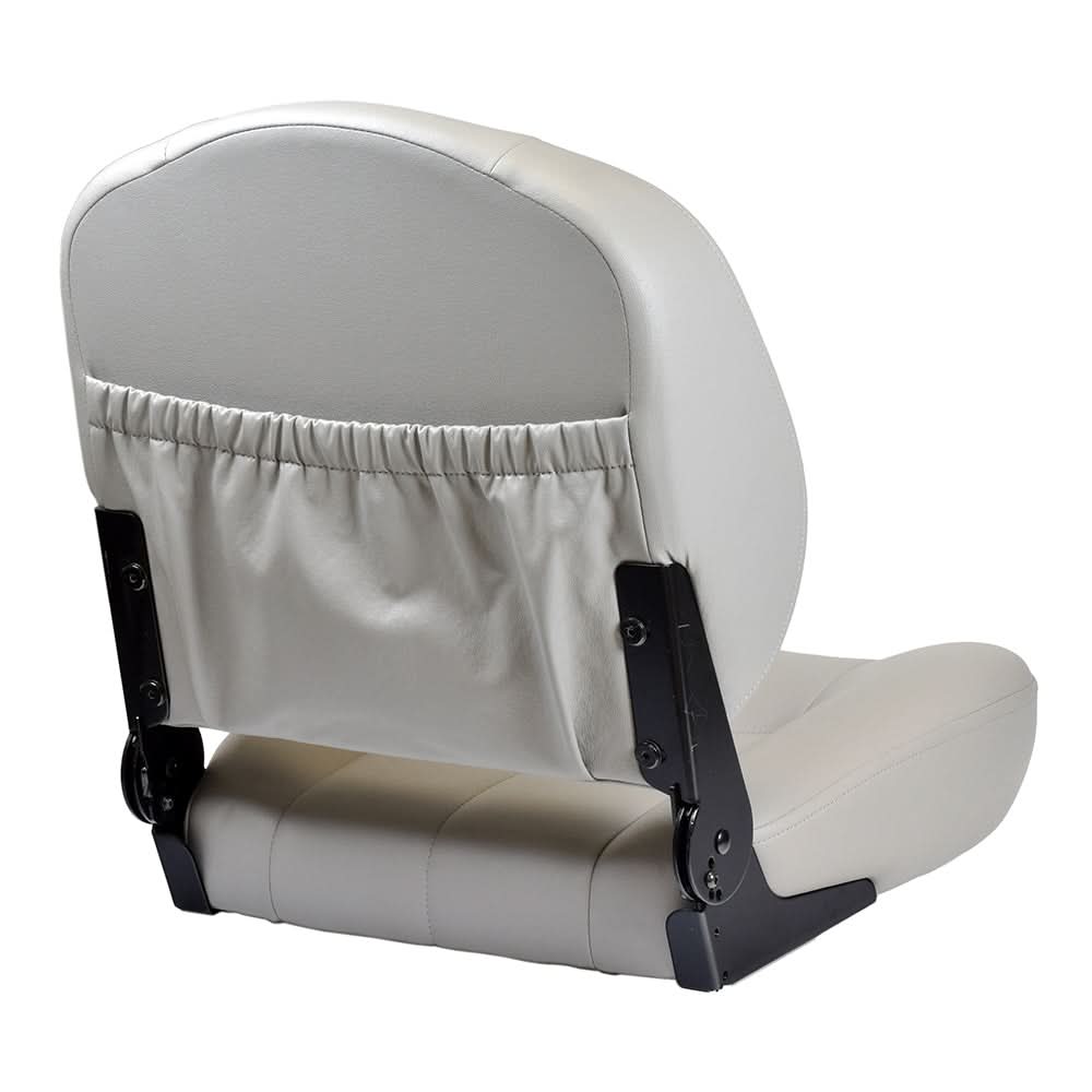 Medium-Back Gray Vinyl Seat Assembly for Jazzy Power Chairs (Blemished), featuring a white chair with black legs and a close-up of the seat's pinchless hinges.