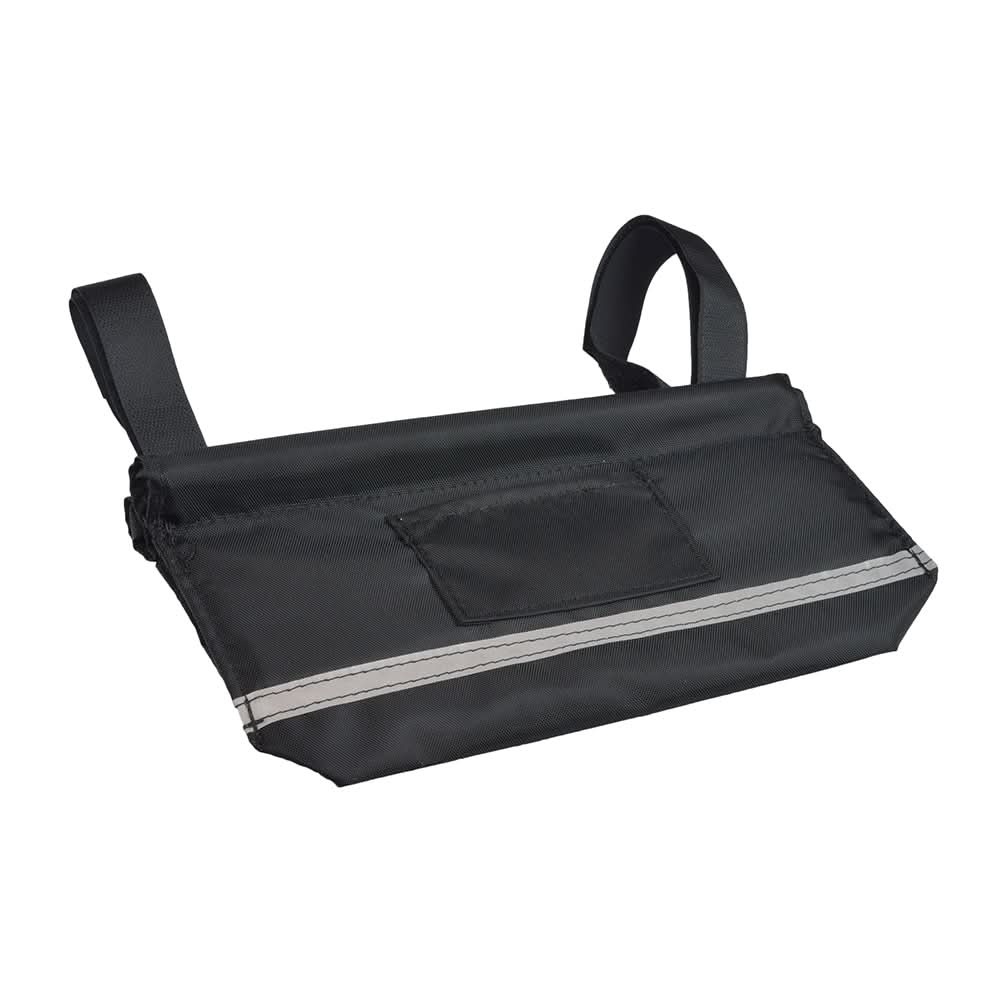 Armrest Pocket for Wheelchairs, Mobility Scooters, & Power Chairs (Blemished) with a white stripe, long and shallow design, and made from high-quality, water-resistant nylon. Missing an unnecessary strap.