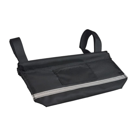 Armrest Pocket for Wheelchairs, Mobility Scooters, & Power Chairs (Blemished) with a white stripe, long and shallow design, and made from high-quality, water-resistant nylon. Missing an unnecessary strap.